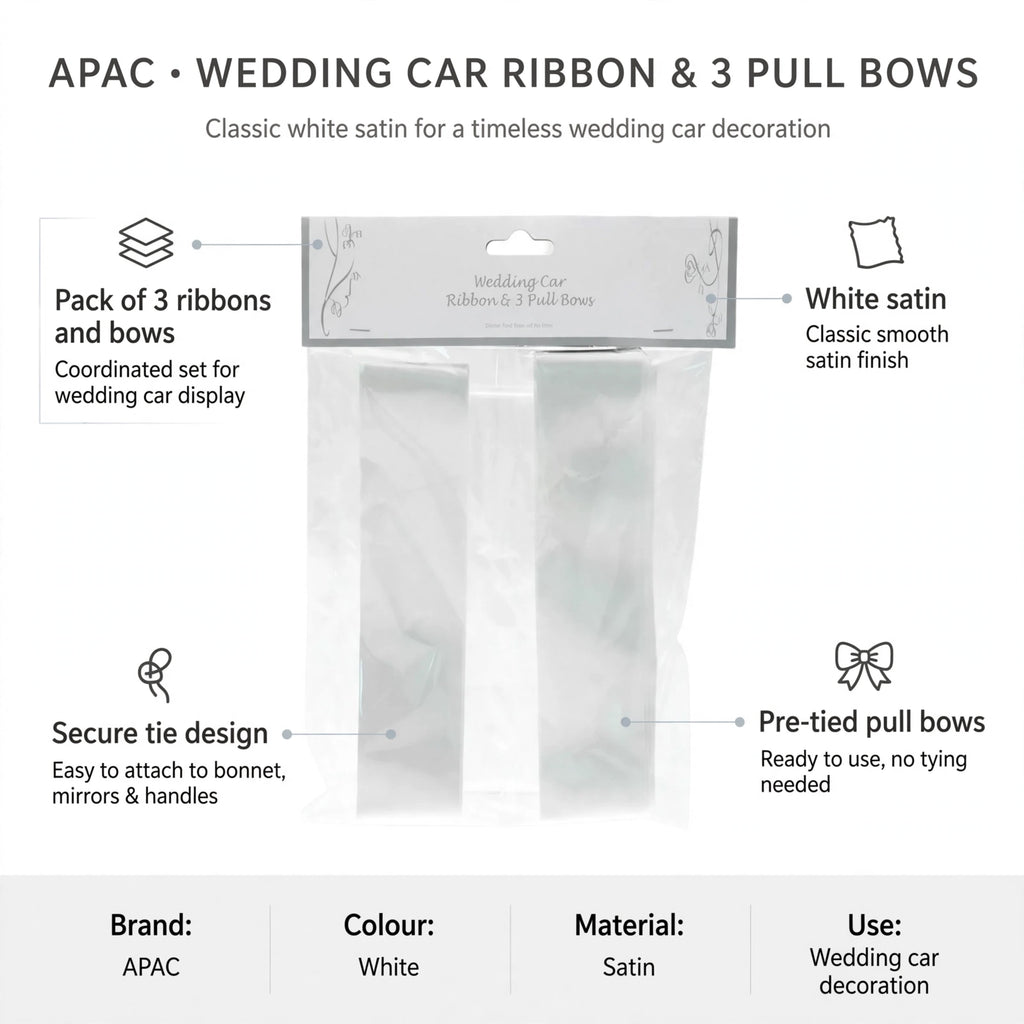 Infographic showing pack of three white satin ribbons and pre-tied pull bows with secure tie design
