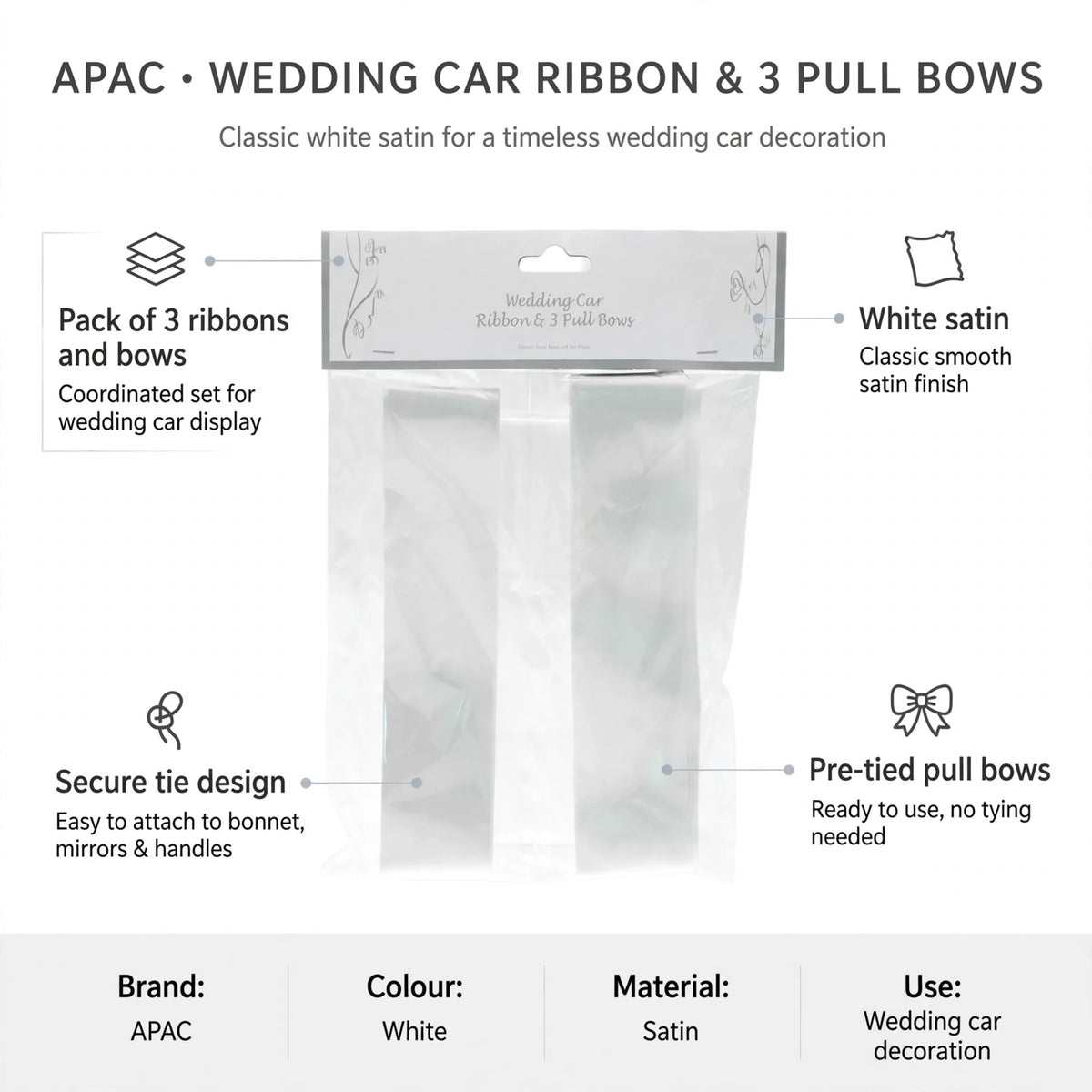 Infographic showing pack of three white satin ribbons and pre-tied pull bows with secure tie design
