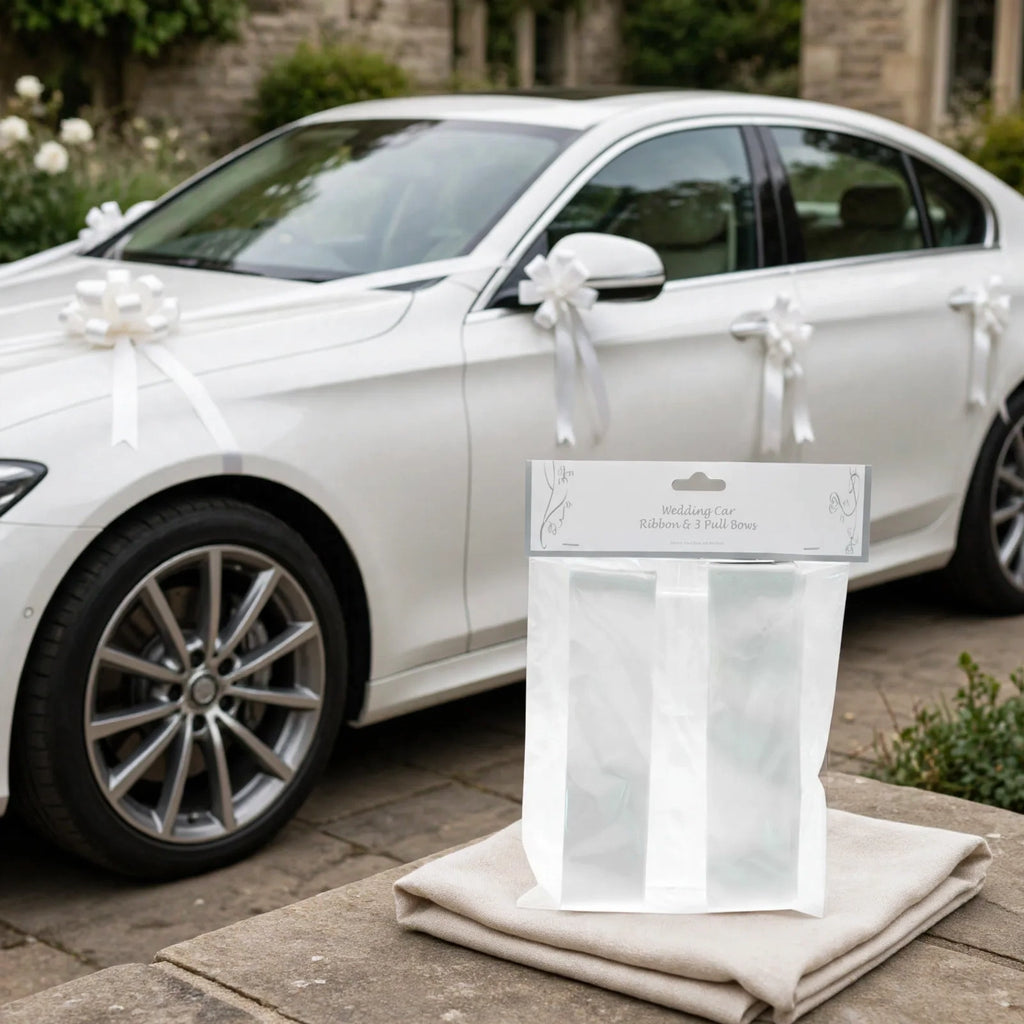 White satin wedding car ribbons and pull bows attached to car bonnet and mirrors for wedding decoration