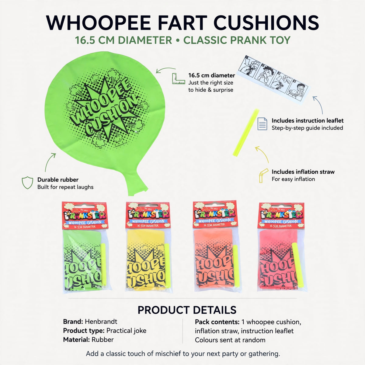 Infographic showing 16.5 cm diameter, durable rubber material, included inflation straw and instruction leaflet