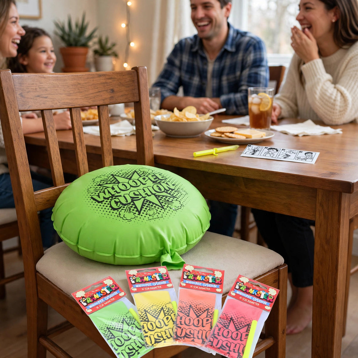 Henbrandt whoopee cushion used as a prank toy at a party or family gathering