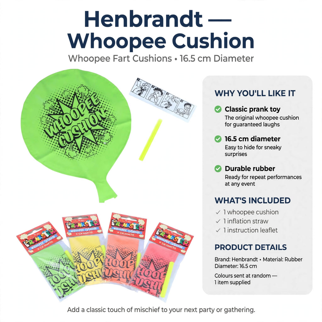 Includes one whoopee cushion, inflation straw, and instruction leaflet for use
