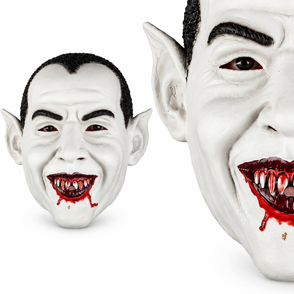 A white vampire or demon-style latex mask shown on a plain white background, with a full-face view and a close-up detail view of the mouth and teeth.