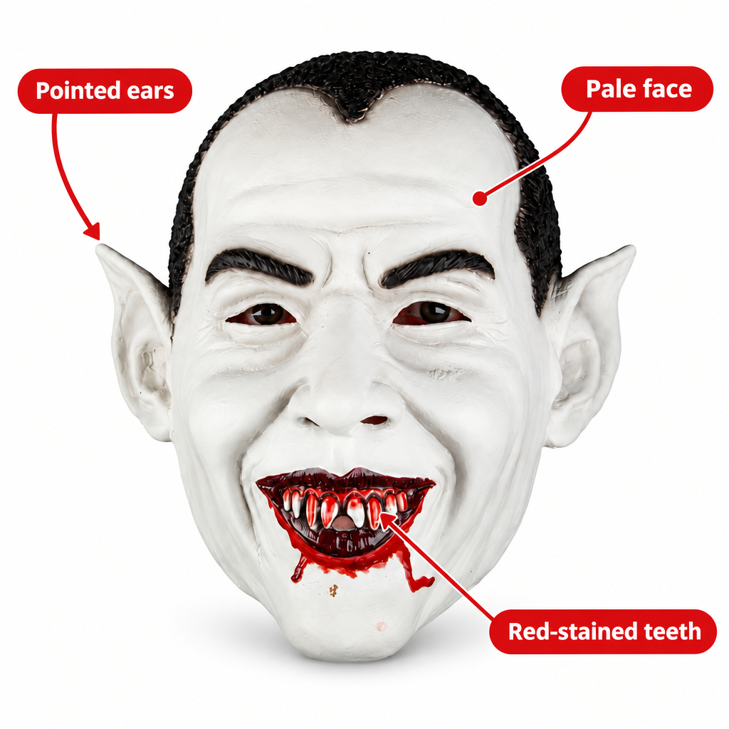 A vampire-style latex mask with pointed ears, a pale face, black hair, and a wide grin showing red-stained teeth with fake blood. Red callout labels with arrows point to the pointed ears, pale face, and red-stained teeth on a plain white background.