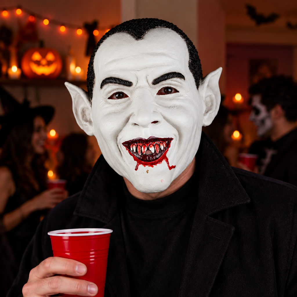 A person wearing a vampire Halloween mask with pointed ears, black hair, and a bloody grin, holding a red plastic cup in a party setting with string lights and blurred faces in the background.