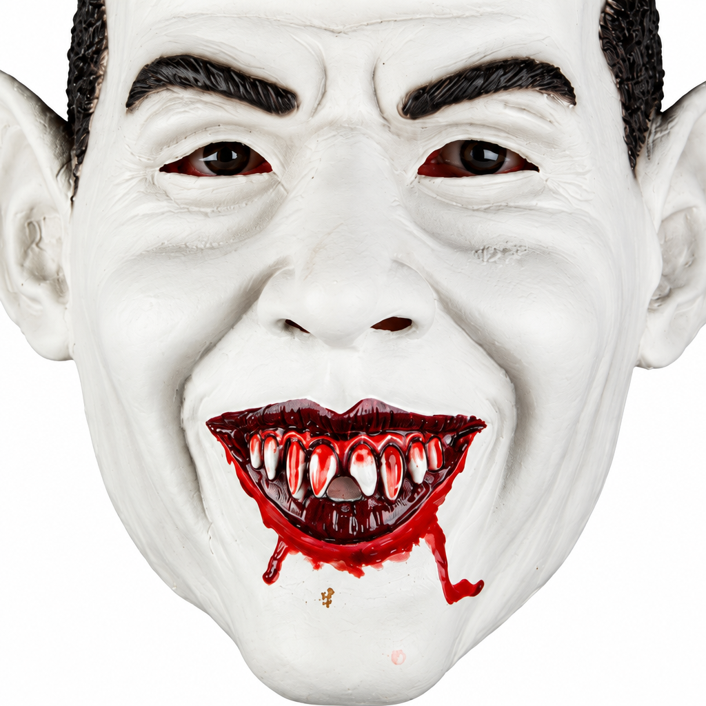A close-up of a white latex mask depicting a creepy, wide grin with dark eyebrows, realistic eyes, and a blood-splattered open mouth showing red lips, teeth, and dripping fake blood.
