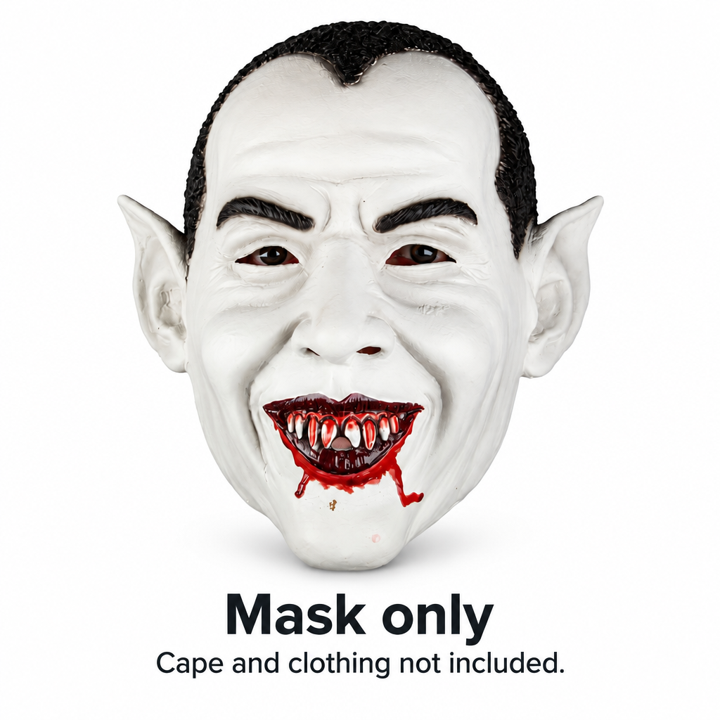 A vampire-style latex mask with pointed ears, dark hair, and blood around the mouth, shown on a white background with text below reading 'Mask only'. Cape and clothing not included.