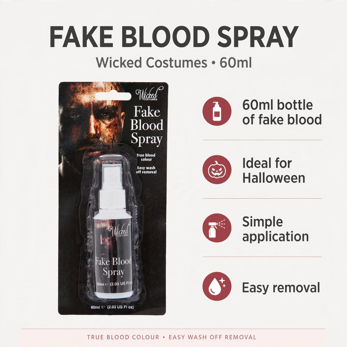Features of Wicked Costumes Fake Blood Spray including 60ml size and ideal for Halloween