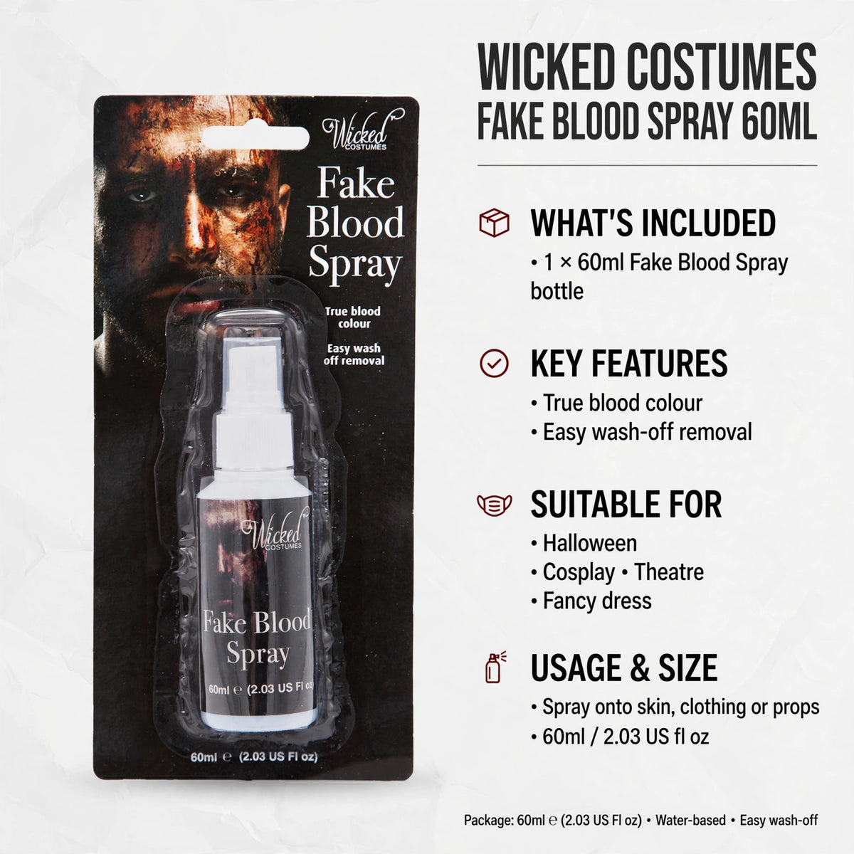 Practical information on Wicked Costumes Fake Blood Spray including application and removal