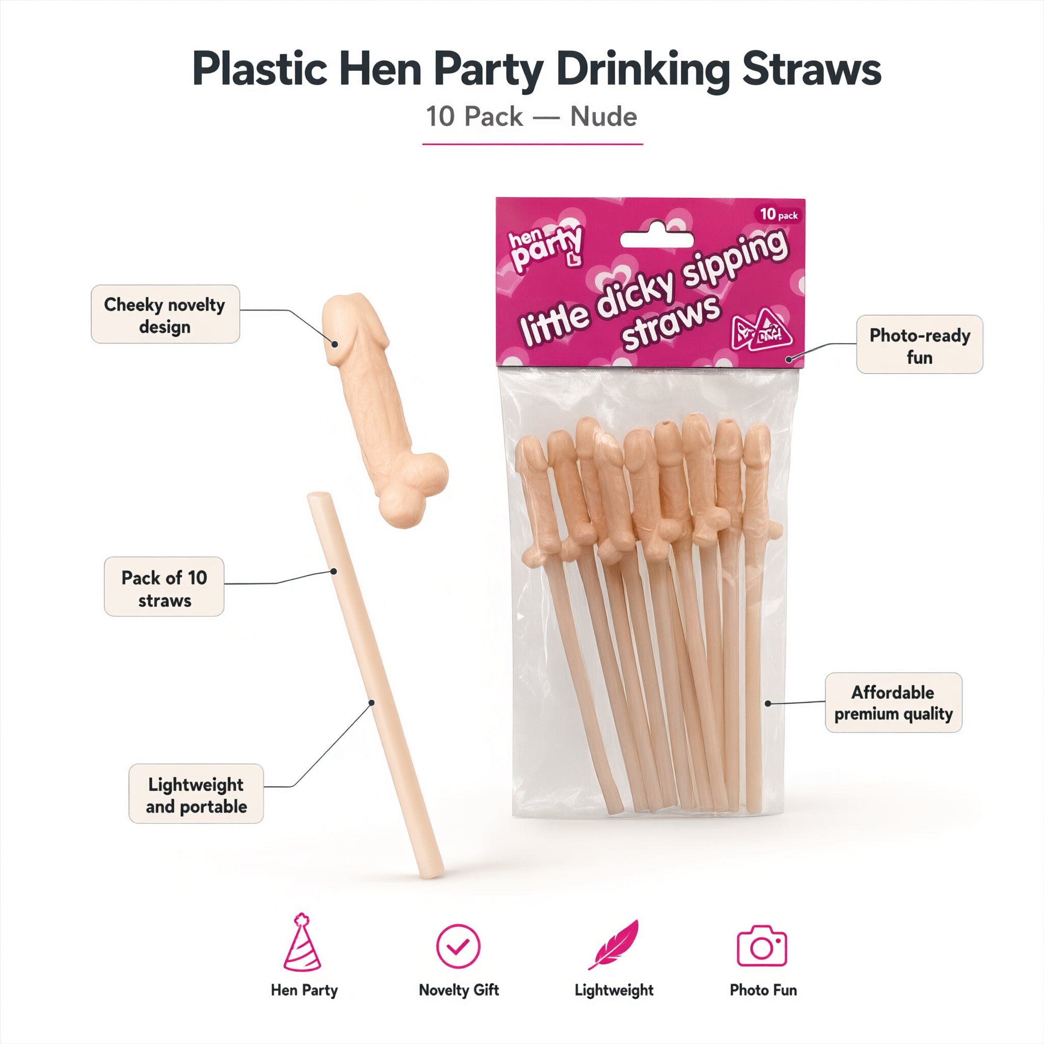 Plastic Hen Party Drinking Straws 10 Pack Nude