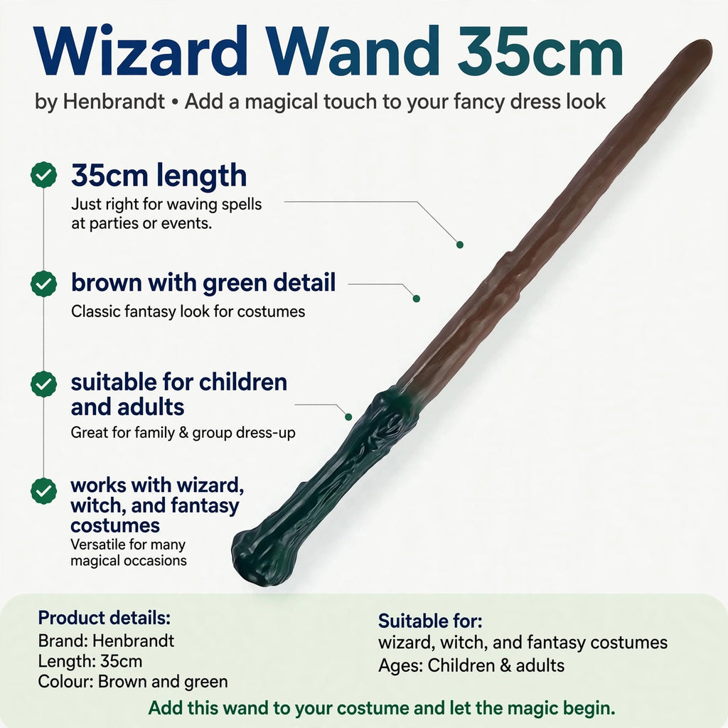 Wizard Wand features 35cm length, brown color with green detail, suitable for children and adults