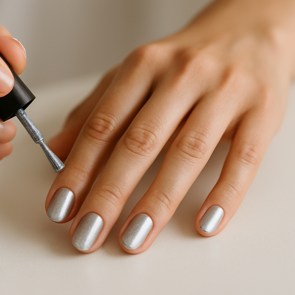 Woman applying silver nail polish to her nails