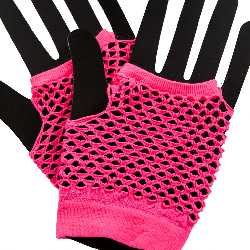 Close-up of neon pink fingerless net gloves showing open diamond net pattern