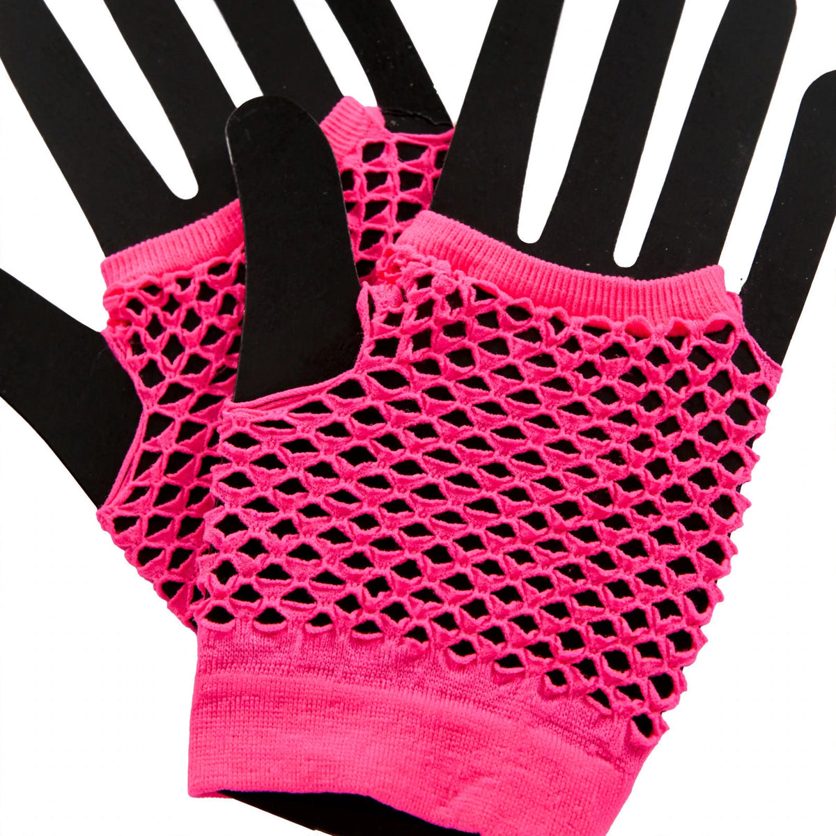 Close-up of neon pink fingerless net gloves showing open diamond net pattern
