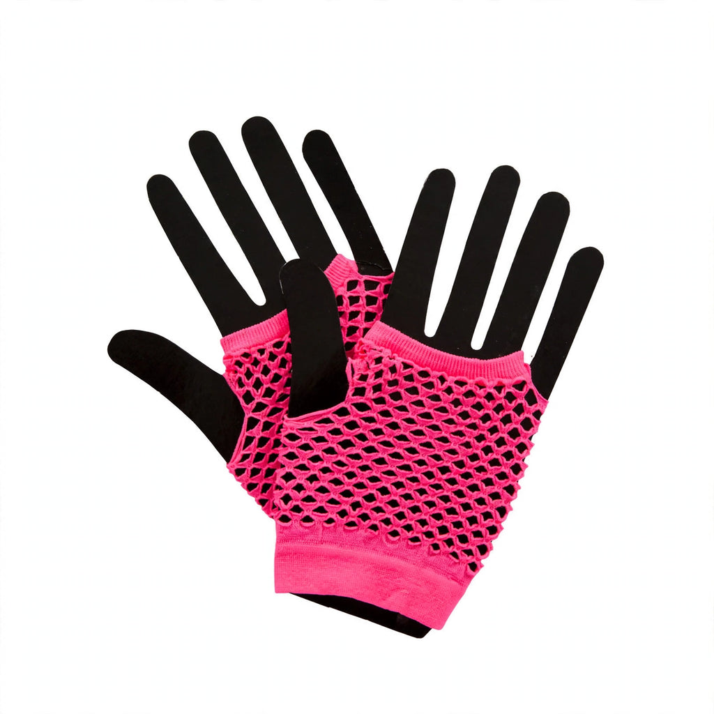 Wicked Costumes 1980s neon pink fingerless net gloves with open diamond net pattern