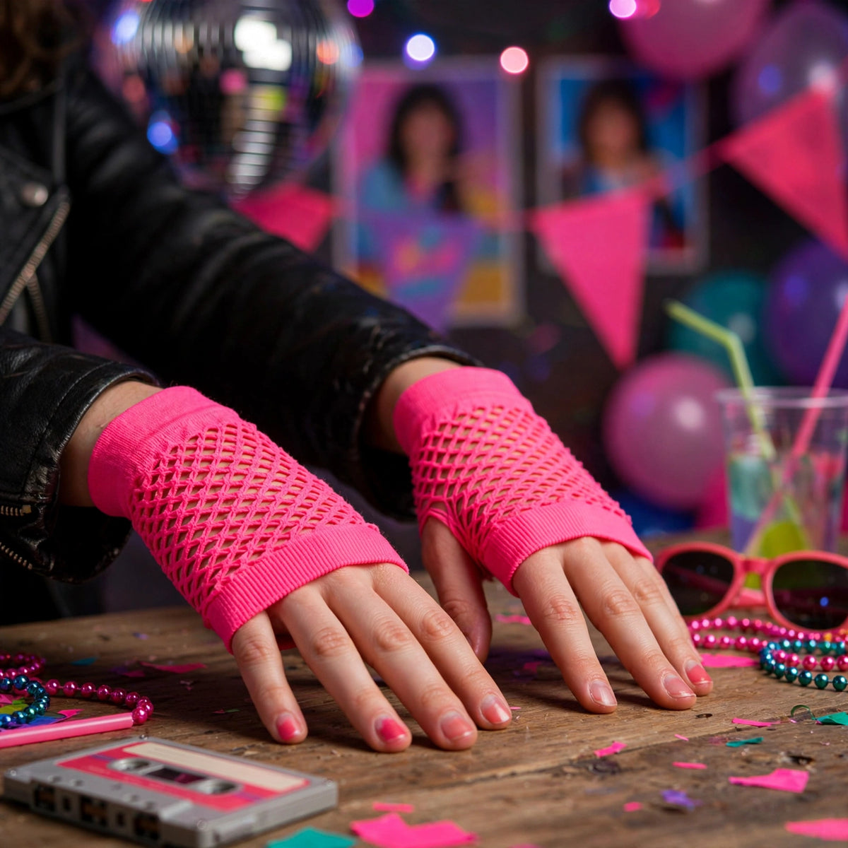 Person wearing neon pink fingerless net gloves at an 80s themed party