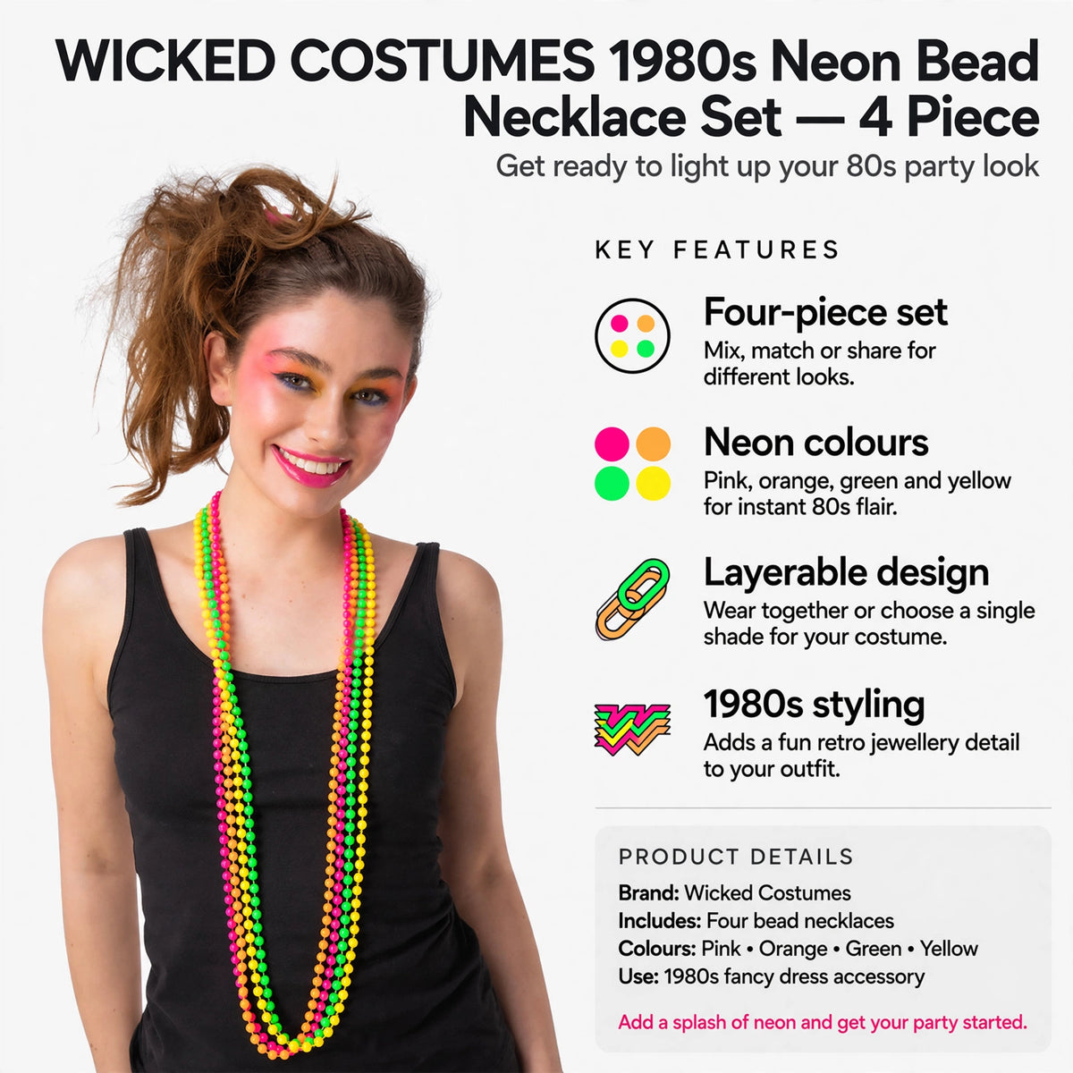 Infographic showing four-piece set with neon bead necklaces in pink orange green and yellow and 1980s styling