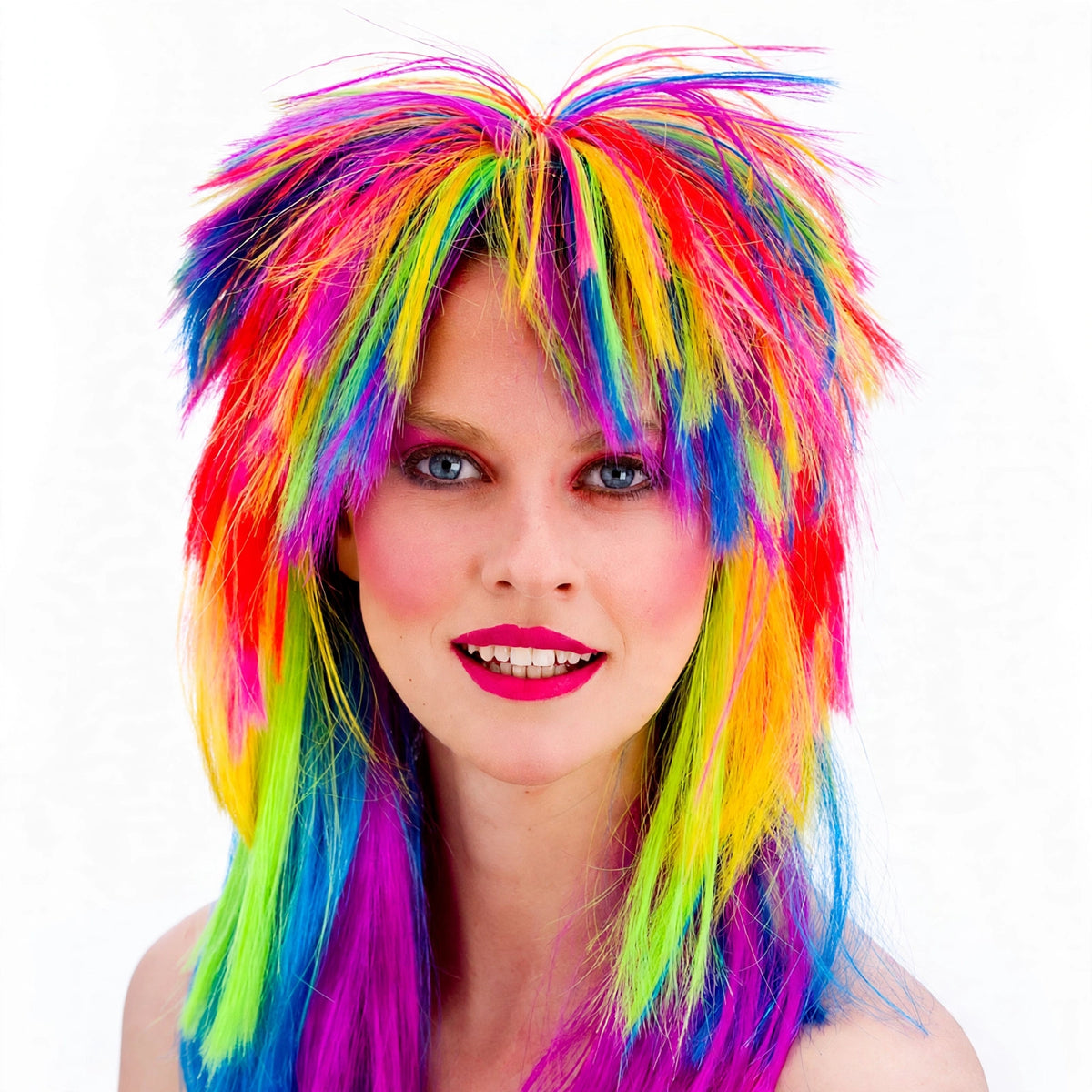 Close-up view of Wicked Costumes 1980s Rainbow Pop Wig showing multicolour rainbow sections