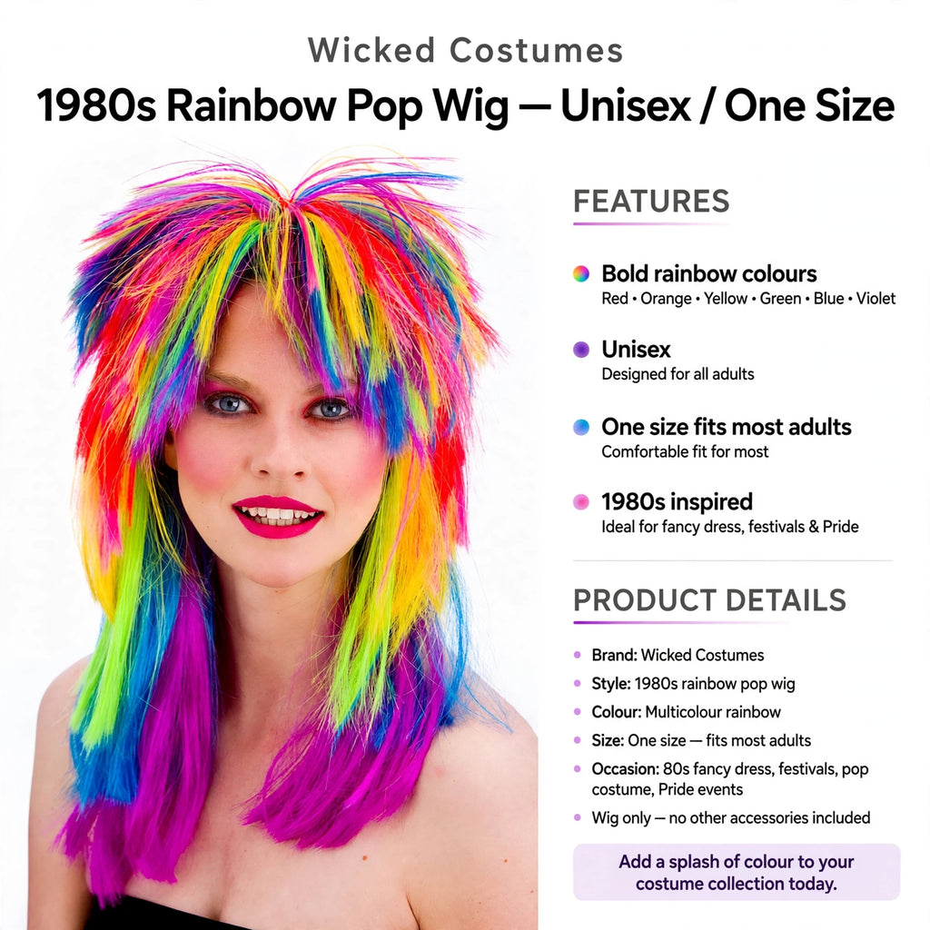 Infographic showing bold rainbow colours and unisex one size fit of 1980s Rainbow Pop Wig