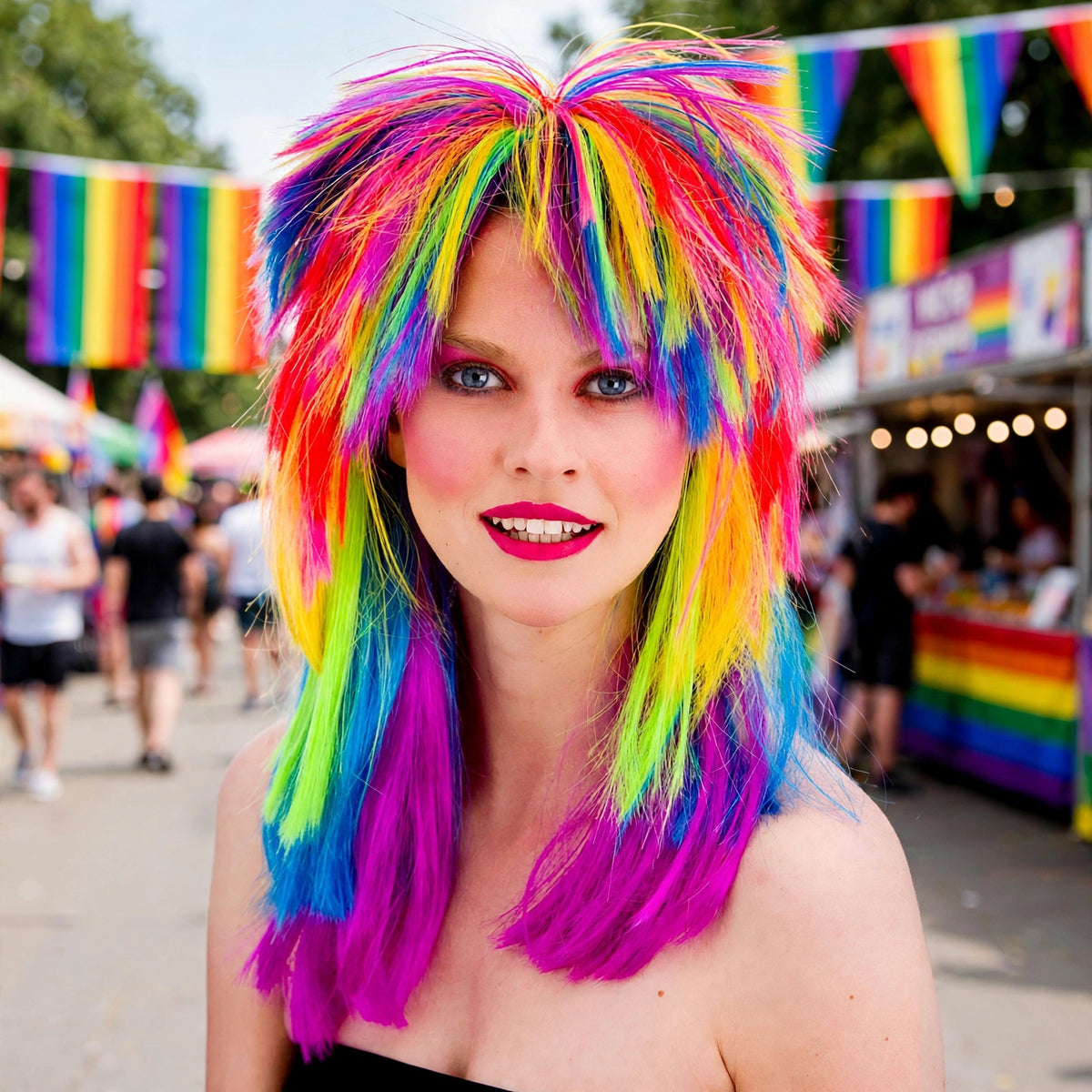 Person wearing Wicked Costumes 1980s Rainbow Pop Wig at a retro party or festival