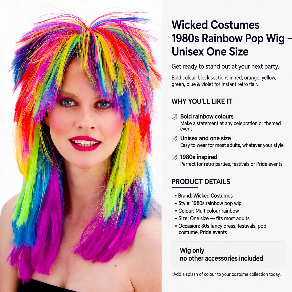 Wicked Costumes 1980s Rainbow Pop Wig unisex one size fits most adults with no accessories included