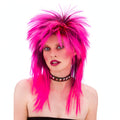 Women's 1980s spiky pink wig with short hot-pink spikes