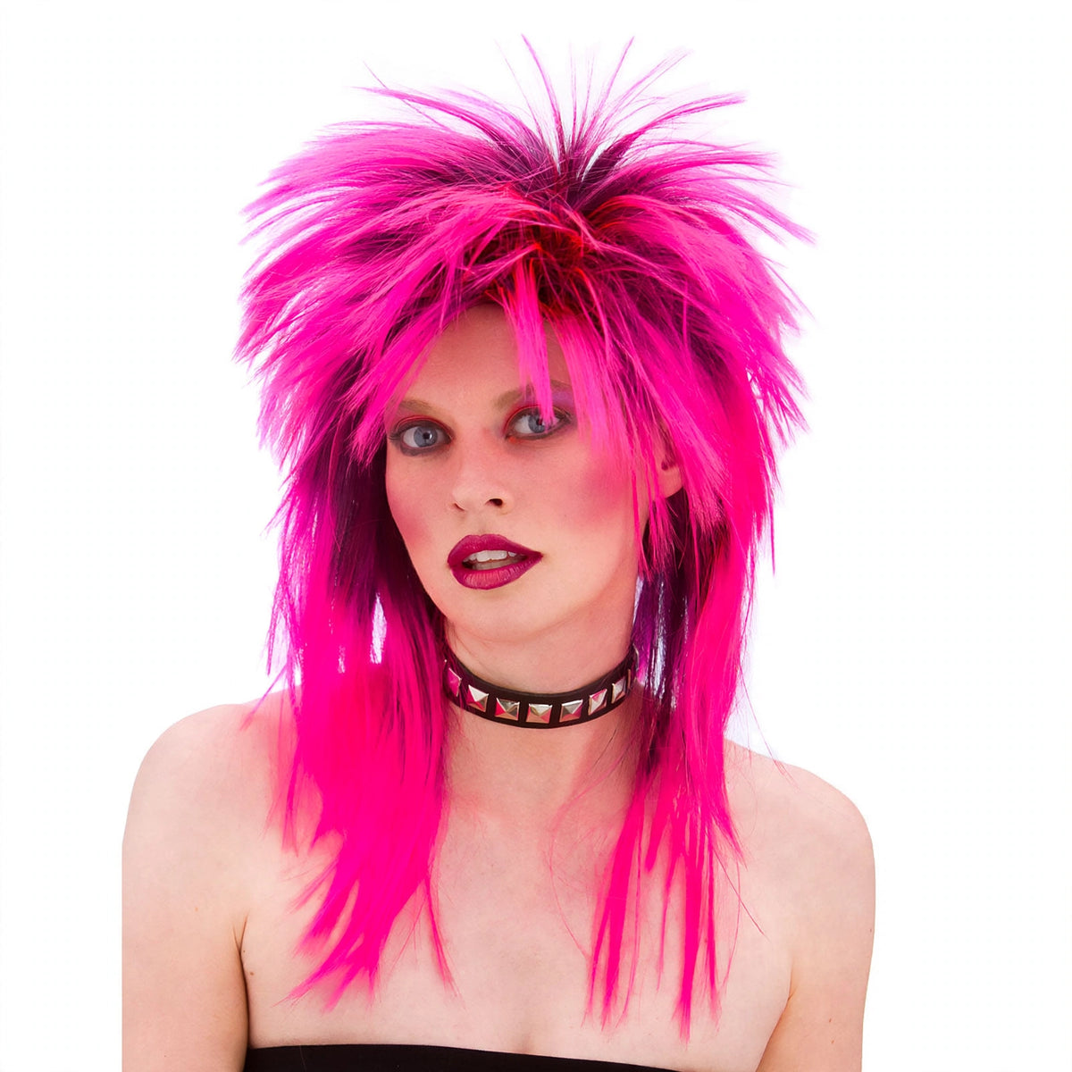 Women's 1980s spiky pink wig with short hot-pink spikes