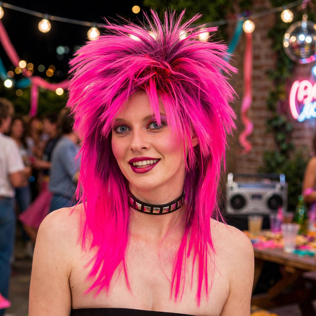 Women's 1980s spiky pink wig worn for 80s fancy dress or punk party