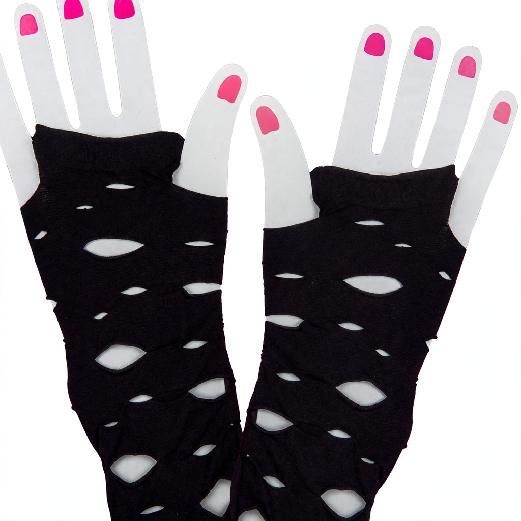 Close-up view of women's black gothic punk torn fingerless gloves showing raw edges
