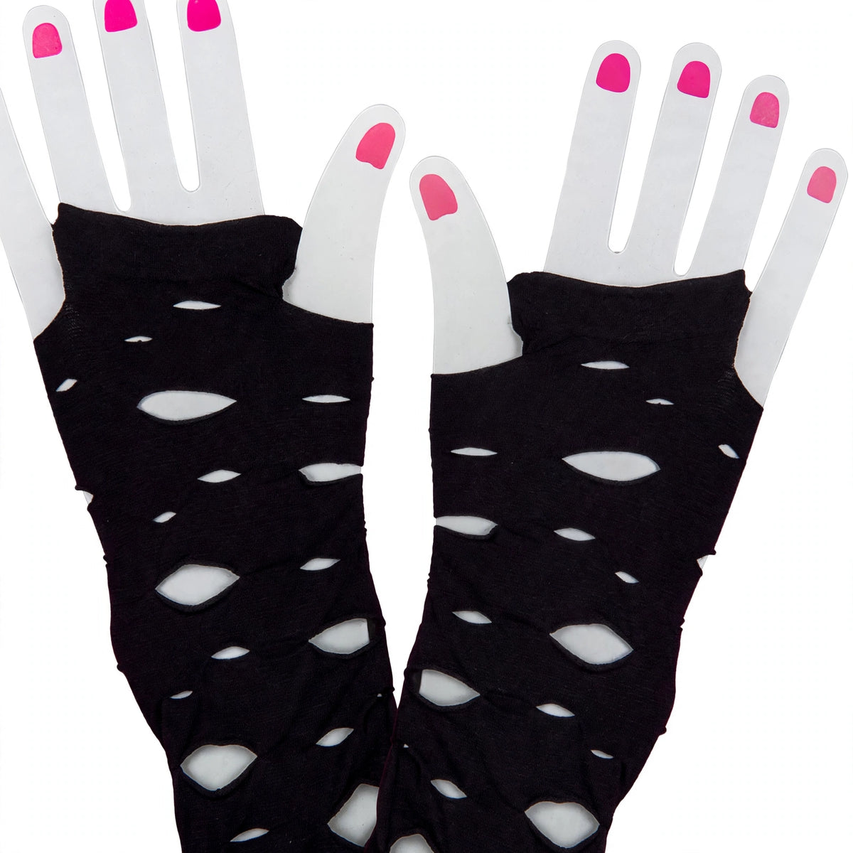 Close-up view of women's black gothic punk torn fingerless gloves showing raw edges