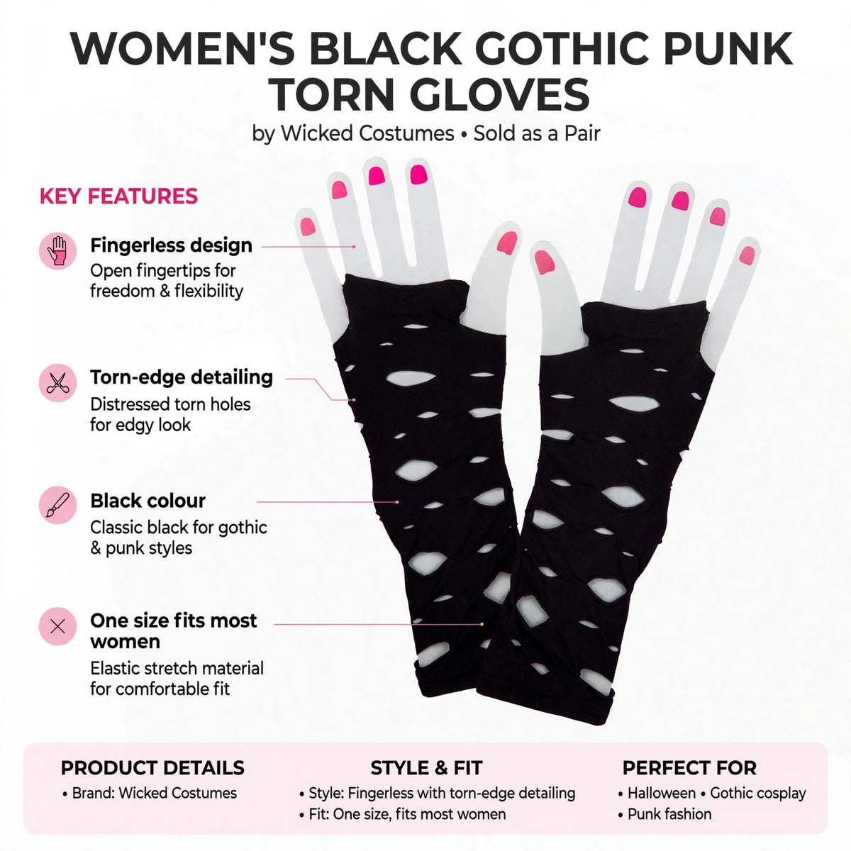 Gloves feature fingerless design, torn-edge detailing, black colour, one size fits most women