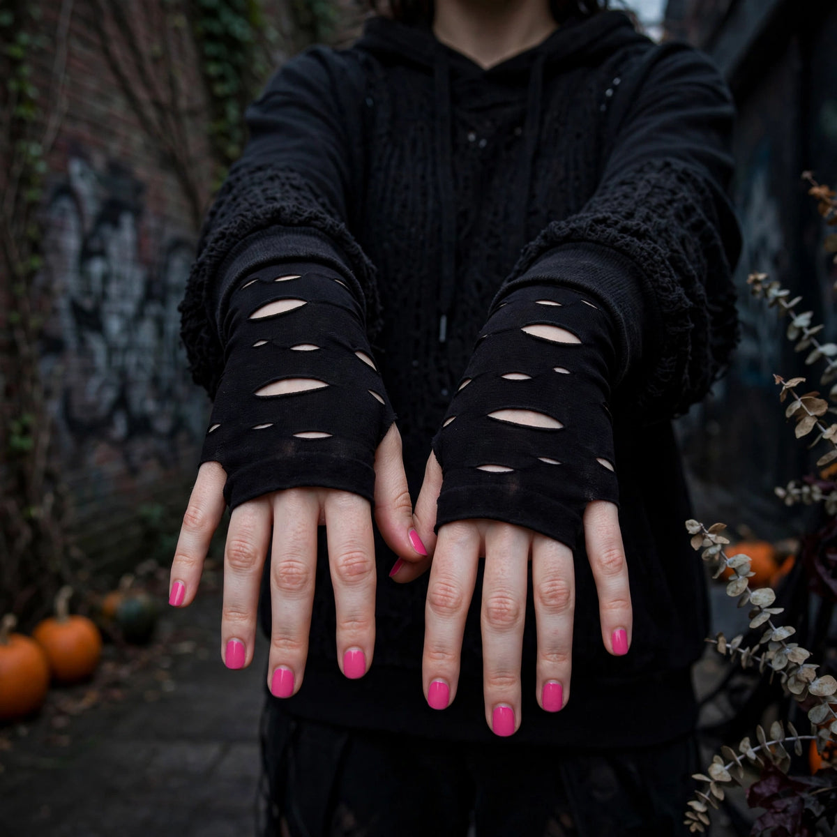 Women's black gothic punk torn gloves worn with alternative fashion style