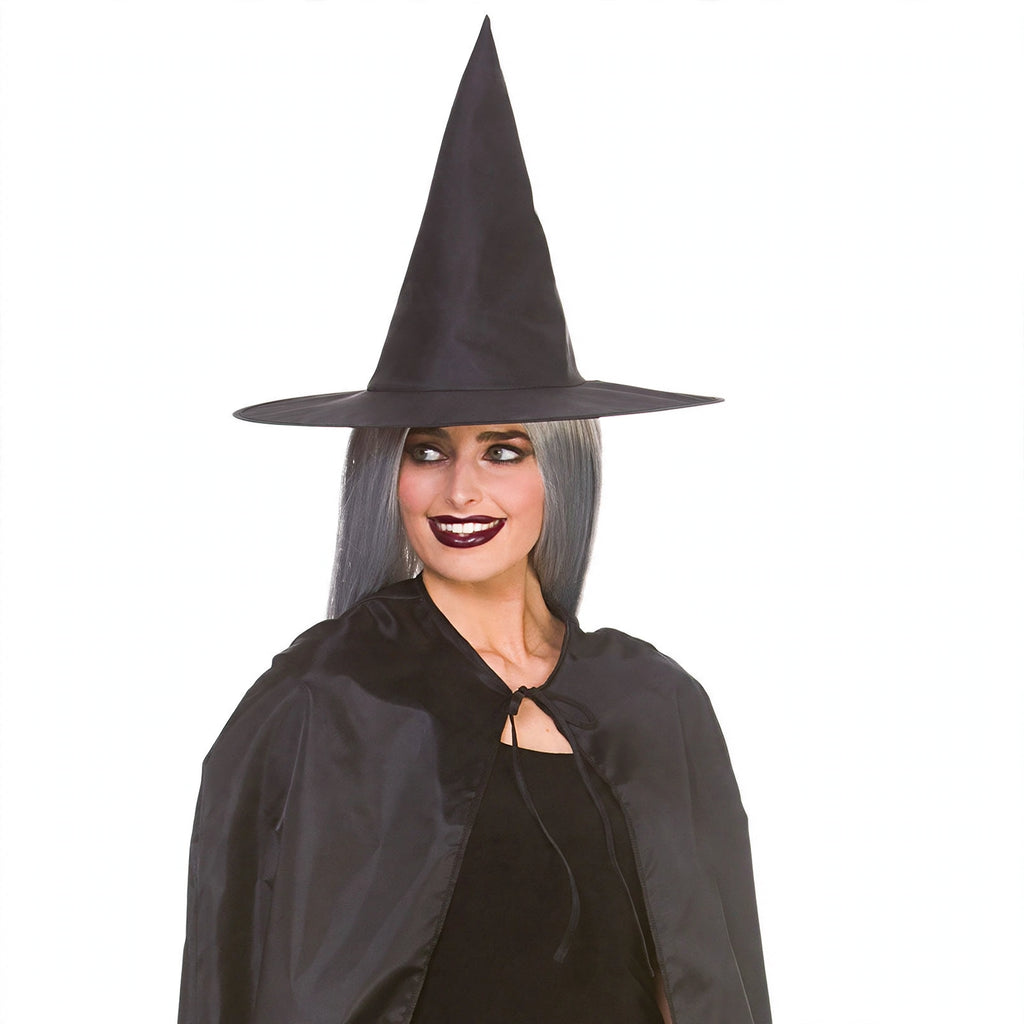 Detail view of the black witches cape and pointed hat for Halloween costumes.