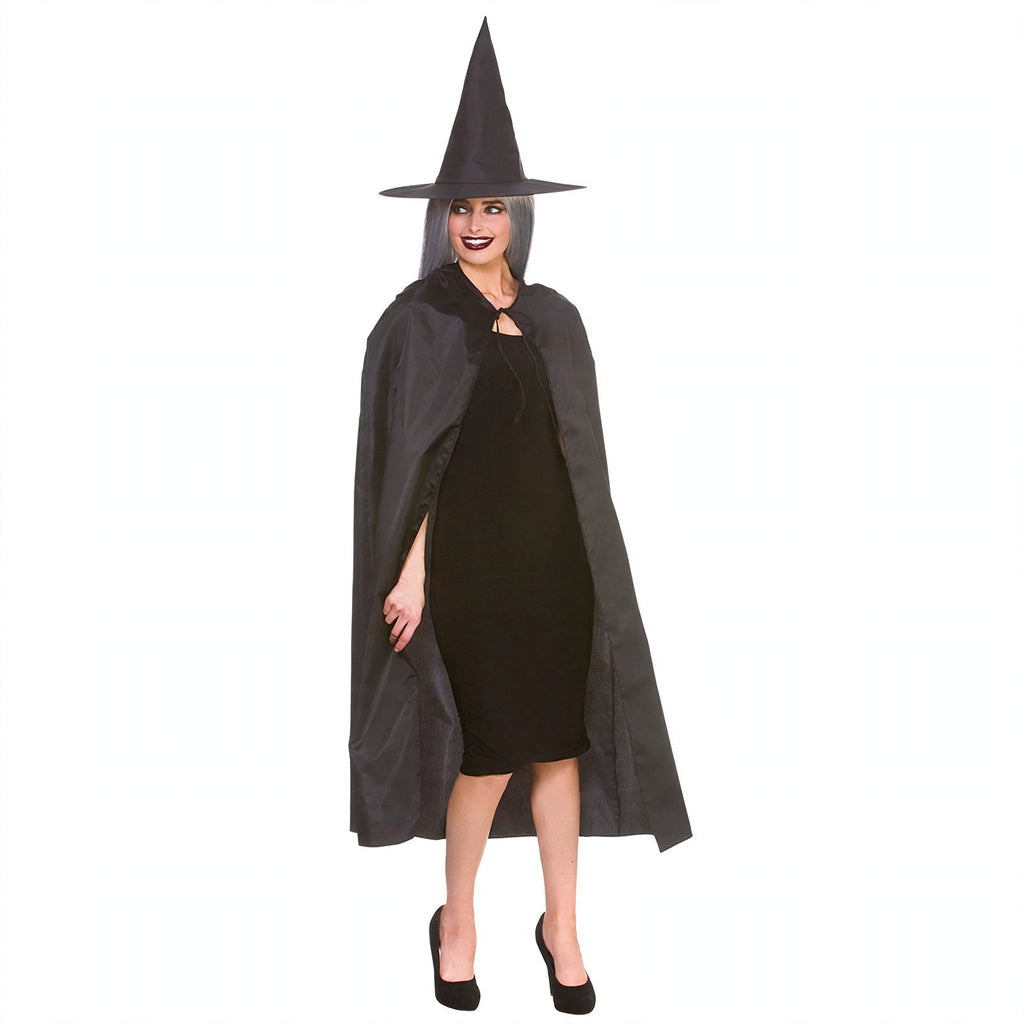 Womens Black Halloween witches cape and hat set with flowing cape draping from shoulders.