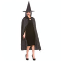 Womens Black Halloween witches cape and hat set with flowing cape draping from shoulders.