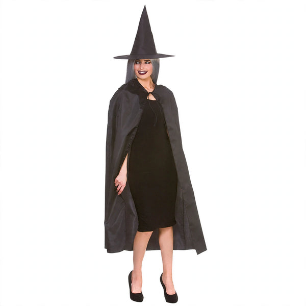 Womens Black Halloween witches cape and hat set with flowing cape draping from shoulders.