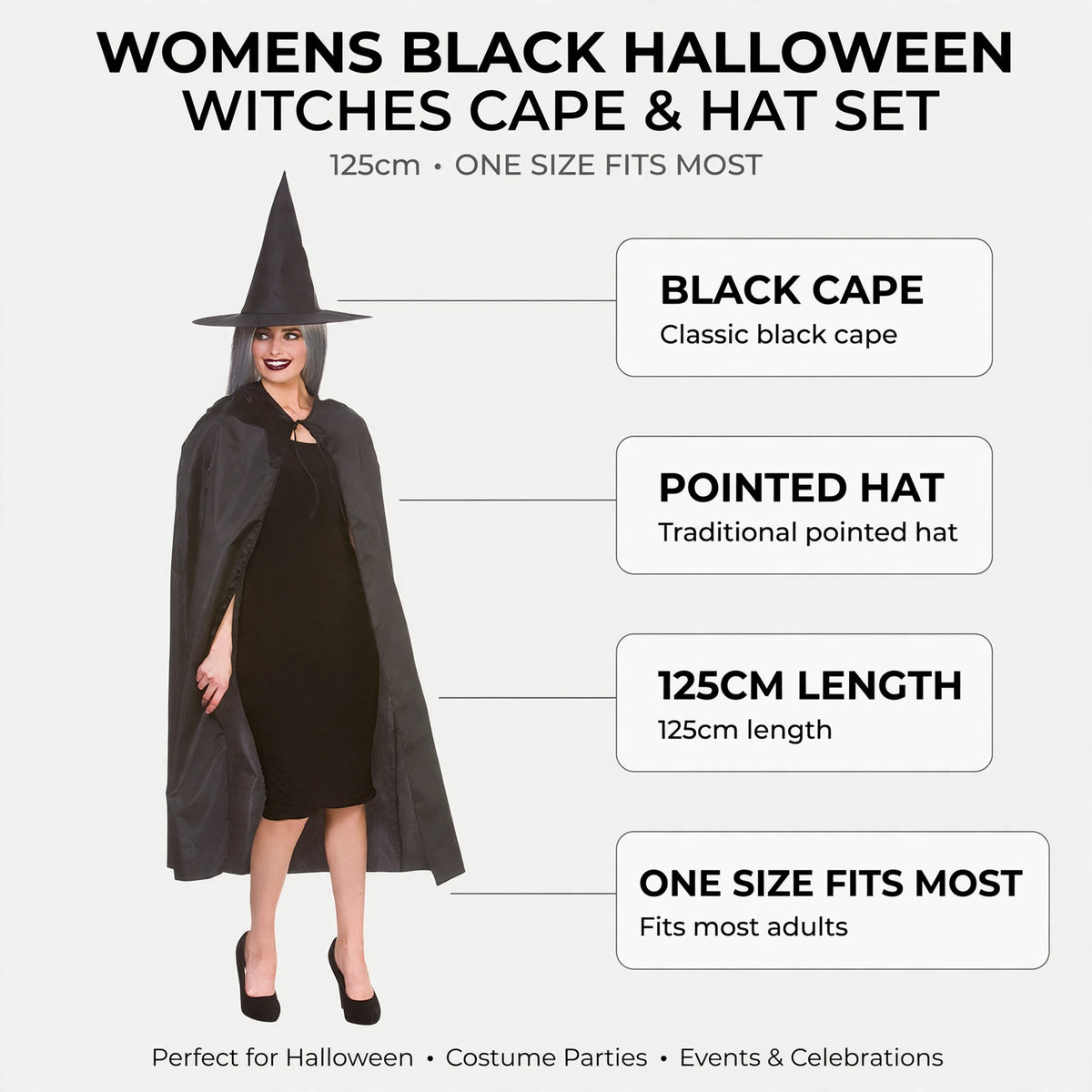 Features of the womens witches cape and hat set, highlighting cape length and size.