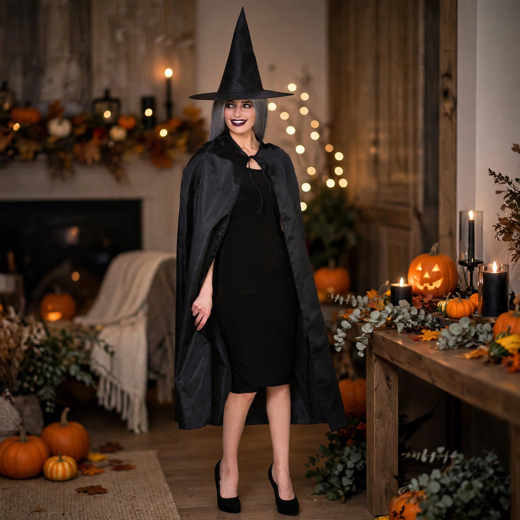 Wearing the black witches cape and hat at a Halloween themed gathering.