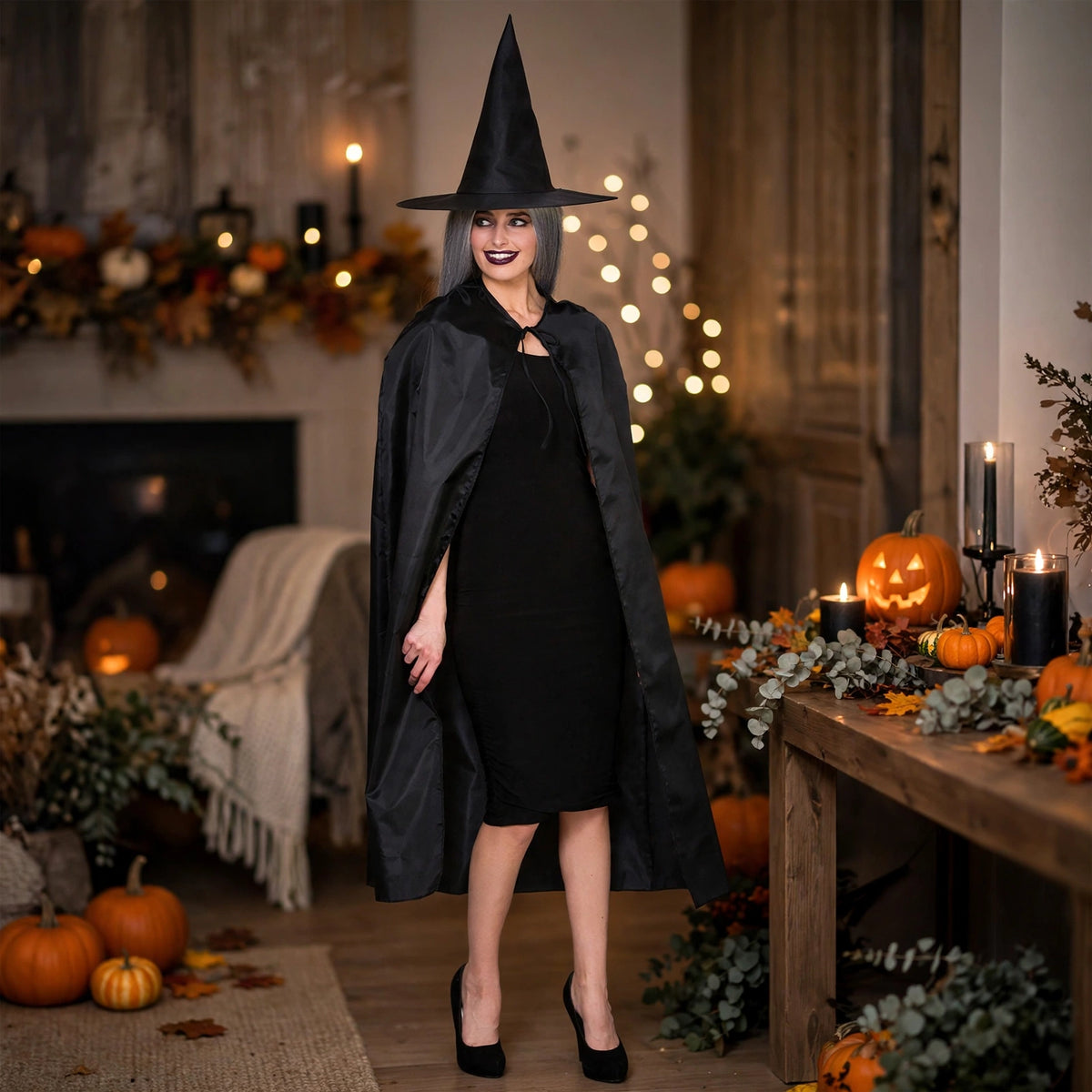 Wearing the black witches cape and hat at a Halloween themed gathering.