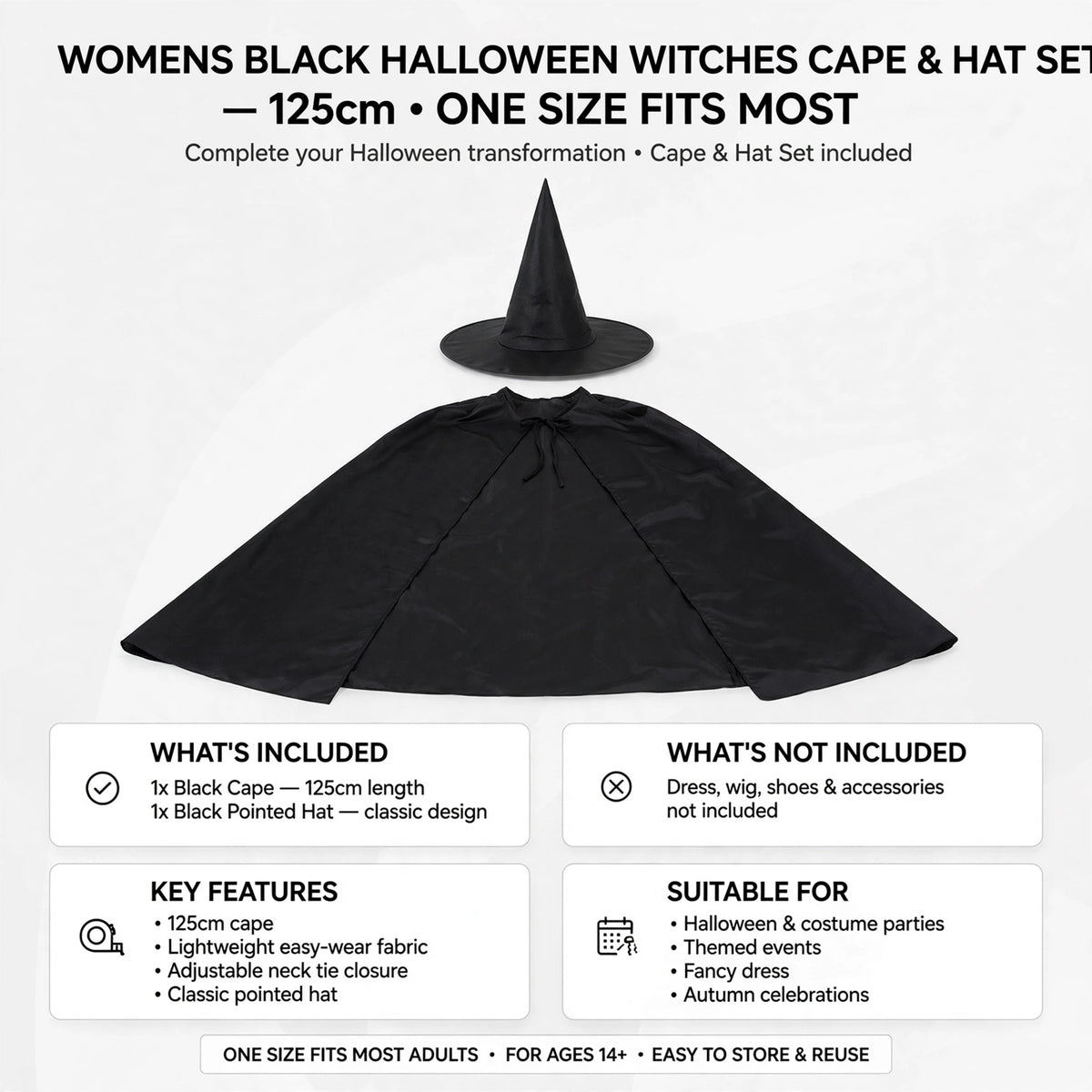 Womens witches cape and hat set, one size fits most for adult costumes.