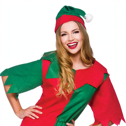 Detail view of womens Christmas elf costume dress and elf hat showing red and green colours with white trim