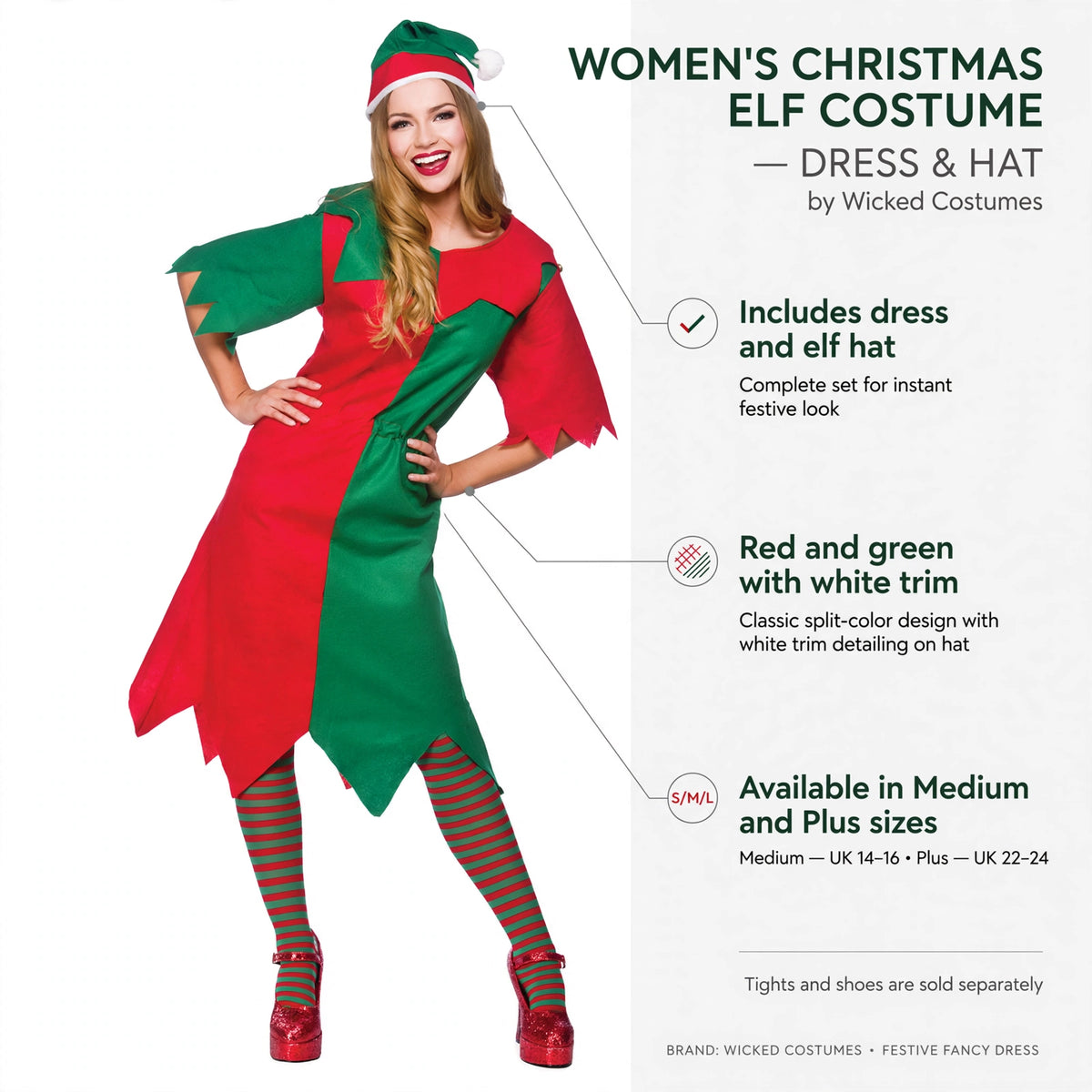 Features include red and green dress with white trim and matching elf hat available in Medium and Plus sizes