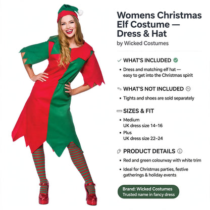Womens Christmas elf costume includes dress and elf hat in two UK sizes Medium and Plus
