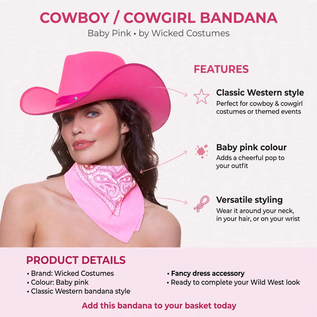 Bandana features classic Western style, baby pink colour, and versatile styling options