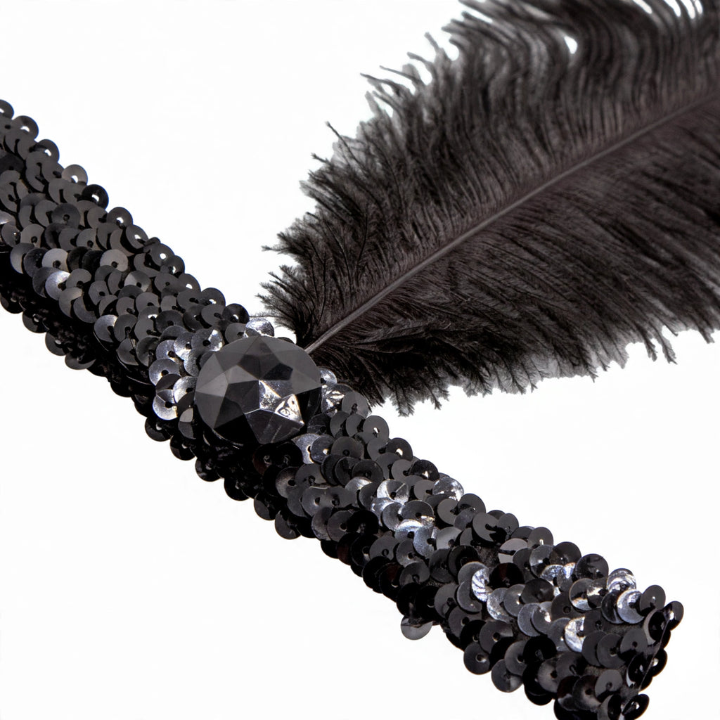 Close-up view of black feather trim on Womens Flapper Feather Black Headband