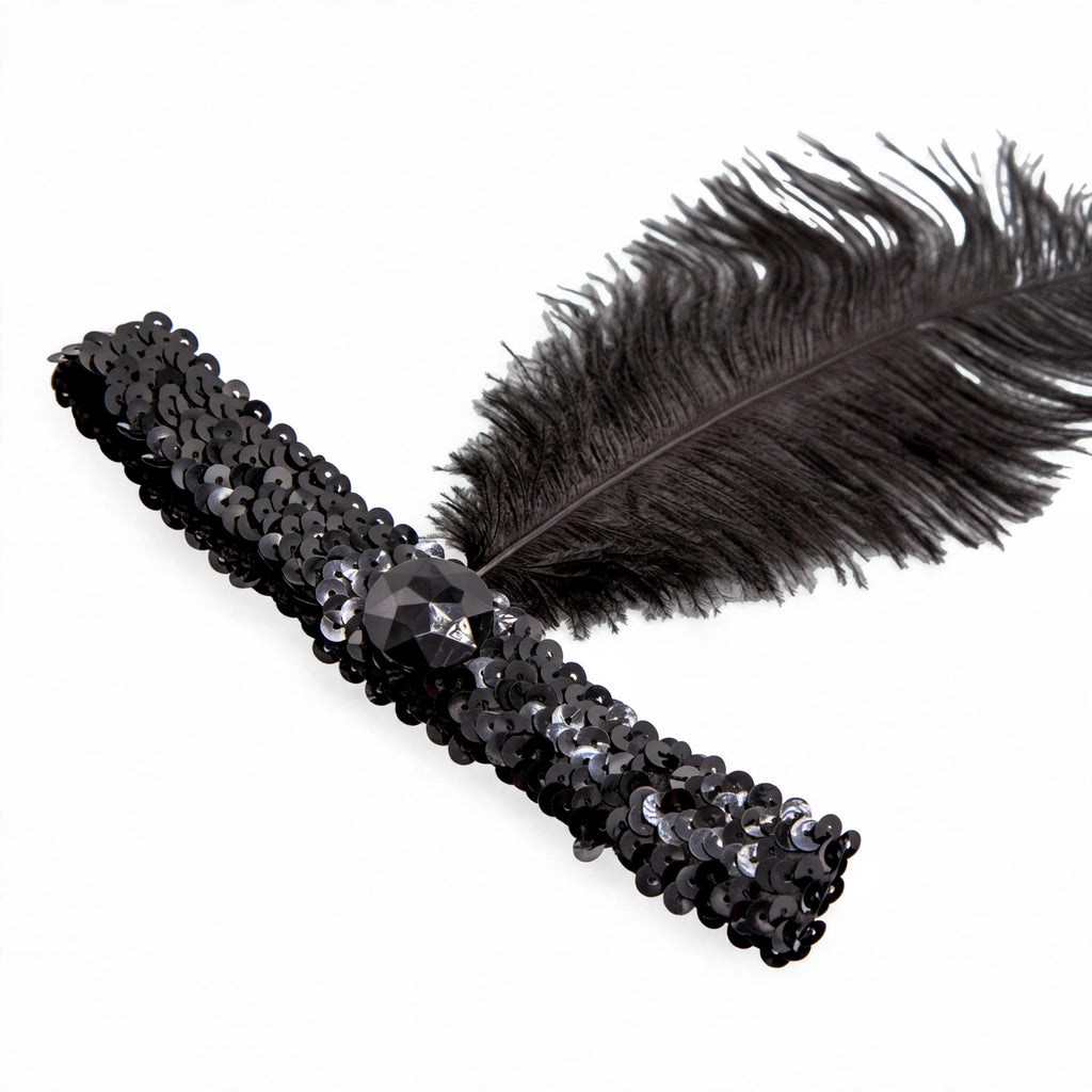 Womens Flapper Feather Black Headband with black feather trim and classic headband shape
