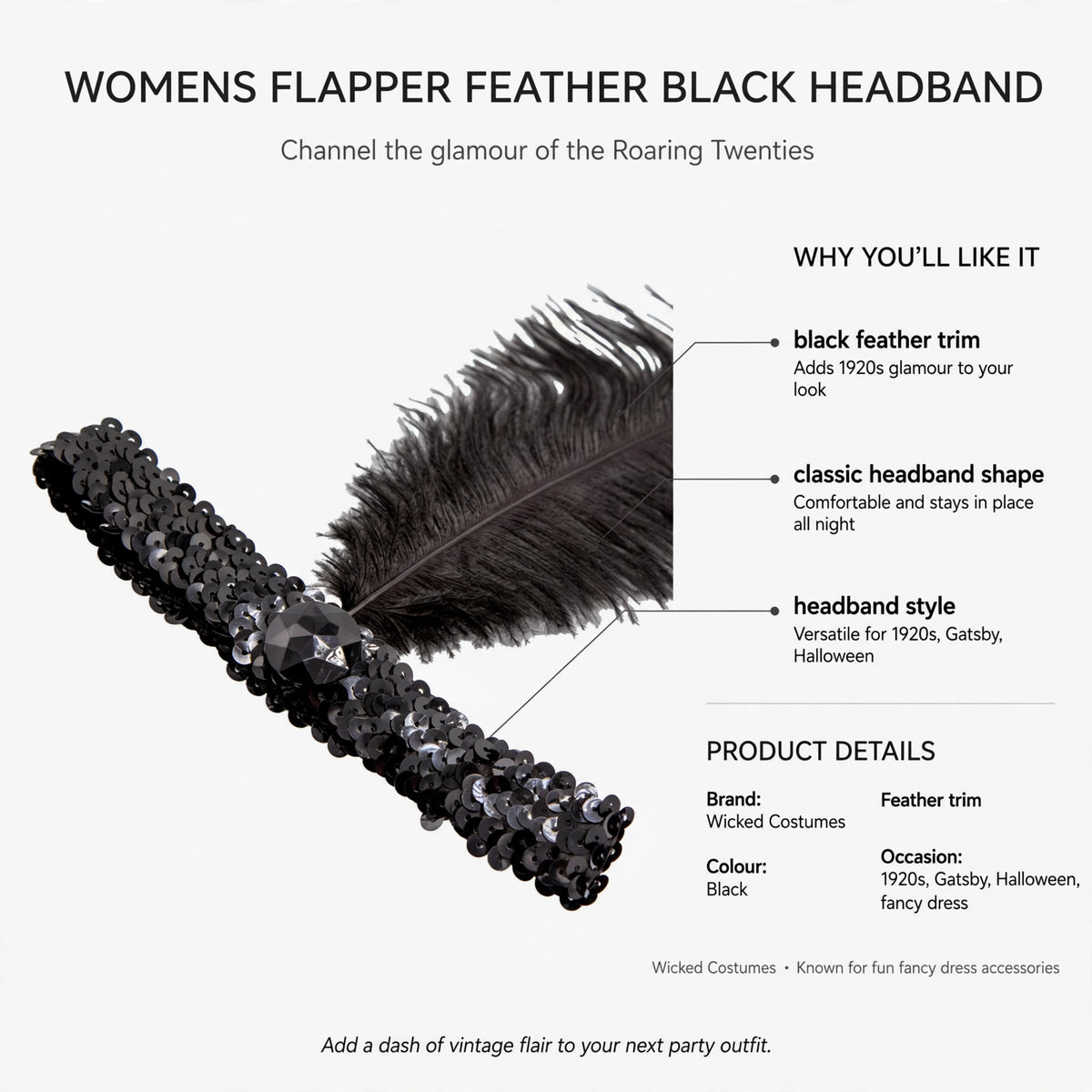 Infographic showing black feather trim and classic headband shape features of Womens Flapper Feather Black Headband