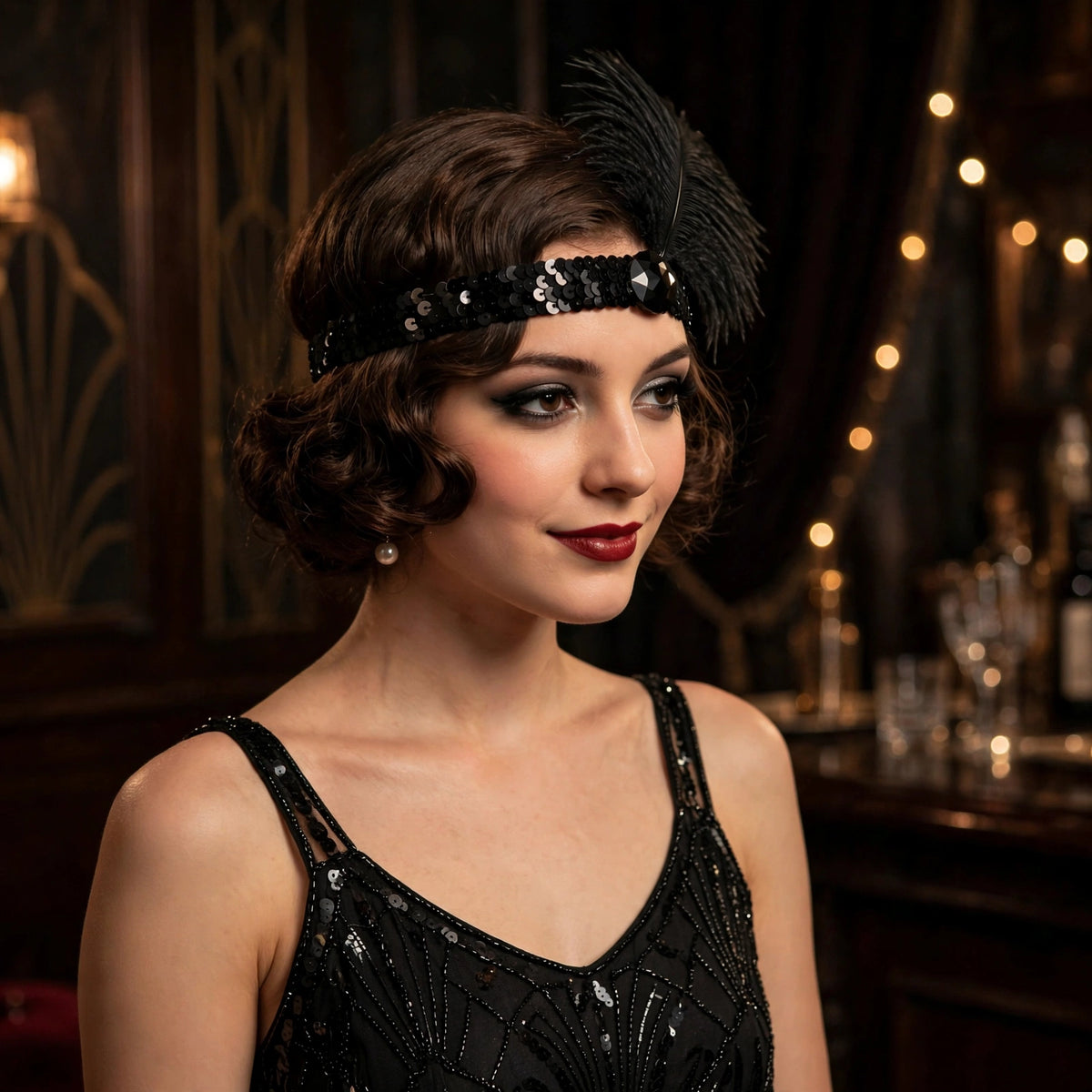 Womens Flapper Feather Black Headband worn as vintage 1920s style accessory for Gatsby or Halloween costume