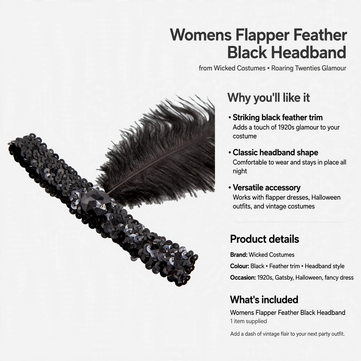 Womens Flapper Feather Black Headband described as comfortable to wear and stays in place