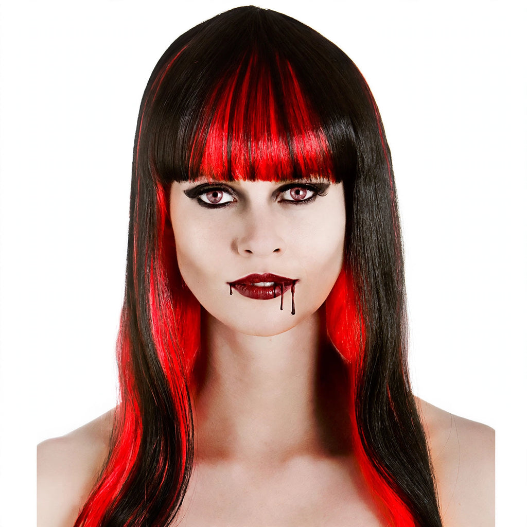 Close-up view of Womens Halloween Alluring Vampire Wig showing red and black colours